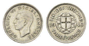 Великобритания 3 пенса 1940 Георг VI (1936-1952) KM 848, Spink 4085 серебро 4690-748