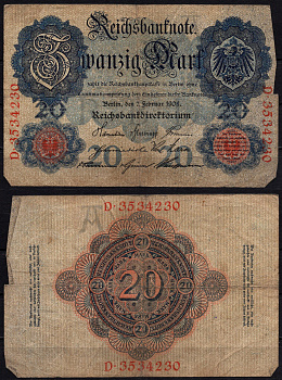 Германия 20 марок 1908 Pick 31 бумага 6293-30-3-1
