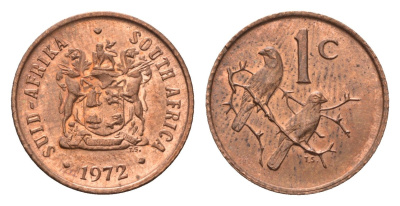 ЮАР 1 цент 1972 герб, капские воробьи KM 82 бронза UNC 4690-1213