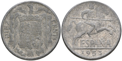 Испания 10 сентимо 1953 Франсиско Франко (1939-1975) KM 766 алюминий 4604-522