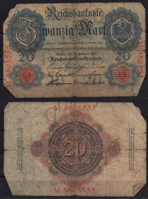 Германия 20 марок 1914 Pick 46 b бумага 6293-57-2-2