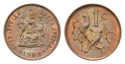 ЮАР 1 цент 1983 герб, капские воробьи KM 82 бронза UNC 4690-1232