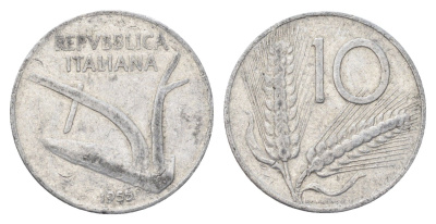 Италия 10 лир 1955 R, плуг, колосья KM 93 алюминий 4704-533