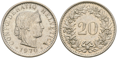 Швейцария 20 раппенов 1970 KM 29а медно-никель 4364-1421