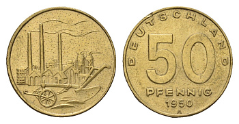 ГДР 50 пфеннигов 1950 KM 4 алюминиевая бронза 4696-918