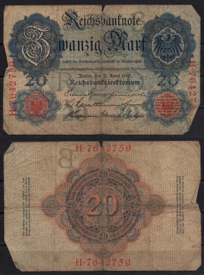 Германия 20 марок 1910 Pick 40 a бумага 6293-35-3-2