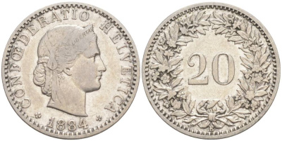 ШВЕЙЦАРИЯ 20 РАППЕНОВ 1884 В KM 29 никель 55-555