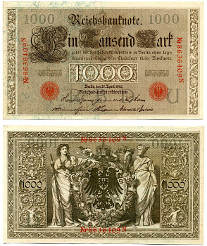 Германия 1000 Марок 1910 21 апреля 1910, Буква U, номер семизначный, серия N, Выпуск (10.1922) Pick 44b, Розенберг 45с бумага 8618-23-1-2