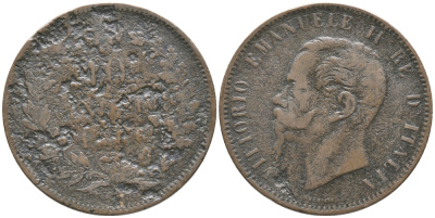 ИТАЛИЯ 10 ЧЕНТЕЗИМО 1866 ВИКТОР ИМАНУИЛ II (1861-1878) KM 11.2 медь 32-615
