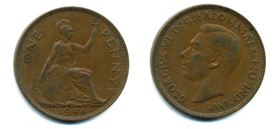 Великобритания 1 пенни 1948 Георг VI (1936-1952) KM 845, Spink 4114 бронза 57-153