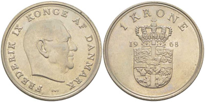 ДАНИЯ 1 КРОНА 1968 C;S, ФРЕДЕРИК IX (1947-1972) KM 851.1 медно-никель 202-816