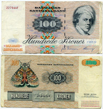 Дания 100 крон 1995 Йенс Юль, бабочка, Thomsen, Heering. Prefix F5 Pick 54e бумага 7219-34-3-2