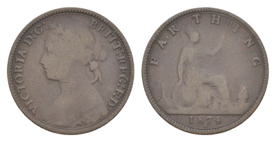 Великобритания 1 фартинг 1874 H, Виктория (1837-1901) KM 753, Spink 3959 бронза 4630-151