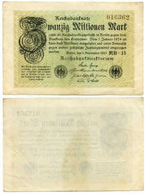 ГЕРМАНИЯ 20000000 МАРОК 1923 Pick 108 бумага 3295-54-2
