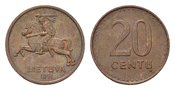 Литва 20 центов (сентов) 1991 KM 89 бронза 4694-1233