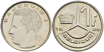 Бельгия 1 франк 1989 Belgique, Бодуэн I (1951-1993) KM 170 железо плакированное никелем 4528-1037