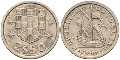 Португалия 2,5 эскудо 1982 парусник KM 590 медно-никель    4596-329