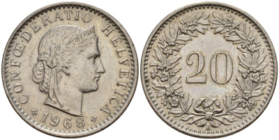 Швейцария 20 раппенов 1968 B KM 29a медно-никель 4187-555