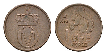 Норвегия 1 эре 1966 Улаф V (1957-1991) KM 403 бронза 4702-537