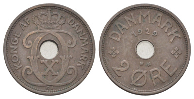 Дания 2 эре 1929 N, Кристиан X (1912-1947) KM 827 бронза 4701-741