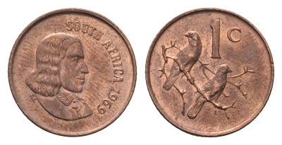ЮАР 1 цент 1969 Ян ван Рибек (1619-1677), South Africa, легенда на африкаанс, капские воробьи KM 65.1 бронза aUNC 4690-931