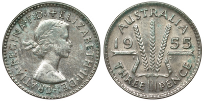 Австралия 3 пенса 1955 m, Елизавета II (1952-2022) KM 57 серебро 71-446