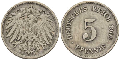 ГЕРМАНИЯ 5 ПФЕННИГОВ 1909 E KM 11, J. 12, Weege 6 медно-никель 211-557
