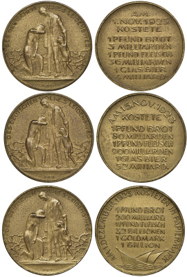 Германия набор из 3 медалей 1920-е гиперинфляция в Веймарской германии: 1) цены на 1 ноября 1923 года 2) цены на 15 ноября 1923 года 3) цены на 1 декабря 1923 года 3-4-3-22