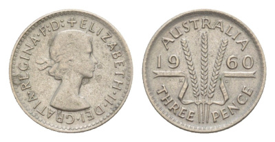Австралия 3 пенса 1960 m, Елизавета II (1952-2022) KM 57 серебро 4630-225
