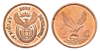 ЮАР 2 цента 2000 новый тип, редкий KM 222 сталь плакированная медью UNC 1525-235