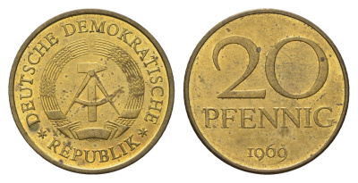 ГДР 20 пфеннигов 1969 KM 11 латунь UNC 4695-1033