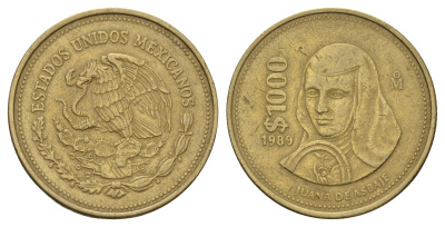 Мексика 1000 песо 1989 Мо, Хуана де Асбахе KM 536 алюминиевая бронза 4692-921