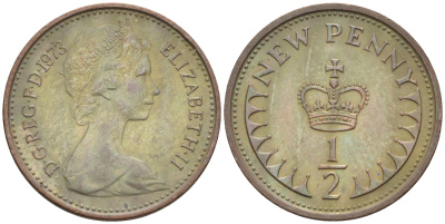 Великобритания 1/2 пенни 1973 Елизавета II (1952-2022) KM 914, Spink 4239 бронза 4588-1264