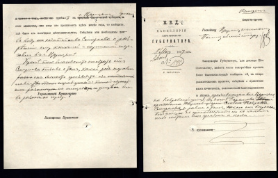 Россия, МВД, канцелярия Саратовской губернии документ на запрос на разрешению на торговлю (продажа книг и картин) 1897 бумага 439-68-1-2