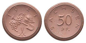 Саксония 50 пфеннигов 1921 Men05 22281.9, Men18 27868.9, Scheuch 34a, J N. 54 фарфор AUC2-5-51