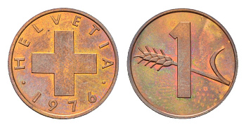 Швейцария 1 раппен 1976 KM 46 бронза UNC 4708-259