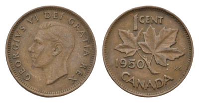 Канада 1 цент 1950 Георг VI (1937-1952), кленовый лист KM 41 бронза 4669-1156