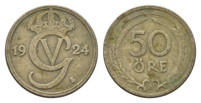Швеция 50 эре 1924 W, Густав V (1907-1950) KM 796 никель латунь 4701-1213