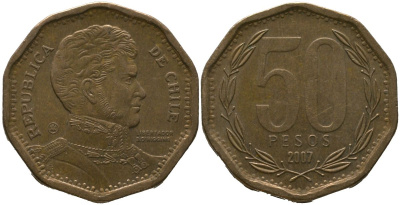 Чили 50 песо 2007 KM 219.2, Schon 70 алюминиевая бронза 4544-425