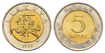 Литва 5 лит 1998 KM 113 биметалл UNC 23-141