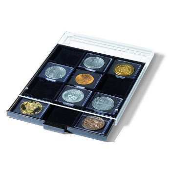 Монетный бокс для капсул Quadrum XL или монет в больших холдерах на 12 ячеек размером 67х67 мм, дымчатый с черным. Leuchtturm. 343232