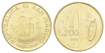 Сан-Марино 200 лир 1993 KM 300 алюминиевая бронза UNC 186-553