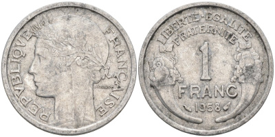Франция 1 франк 1958 тип Lourde KM 885а, Le Franc 221.21 алюминий 4126-912