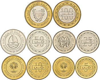 Бахрейн лот из 5 монет 2005-2009 (5, 10, 25, 50, 100 филс), одна монета биметалл UNC M86-07