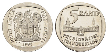 ЮАР 5 рандов 1994 Инаугурация президента KM 150 сталь плакированная медью PROOF 1528-641