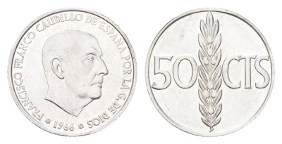 Испания 50 сентимо 1966 (72) Франсиско Франко (1939-1975) KM 795 алюминий UNC 4705-1027
