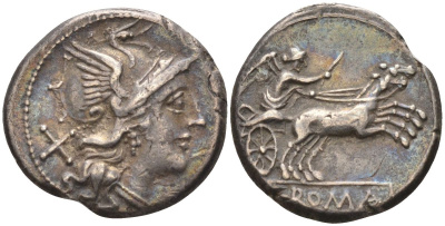 Римская Республика денарий 157 - 156 гг. до н.э. голова Ромы в шлеме, X (обозначение номинала) / Виктория в биге, ROMA, Рим, 3,83 гр Cr. 197/1b; Syd. 431 серебро 1073-5-3-3