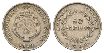 Коста-Рика 50 сентимо 1948 диаметр 26 мм, год-тип KM 182 медно-никель 4693-213