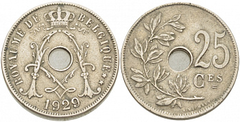 Бельгия 25 сантимов 1929 Belgique KM 68.1 медно-никель 87-1544