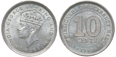 Британская Малайя 10 центов 1943 Георг VI (1937-1952) KM 4a серебро 53-239